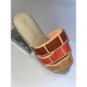Islenas Sandals Women’s 6 M Orange Brown Leather Espadrilles Slides Beach Island